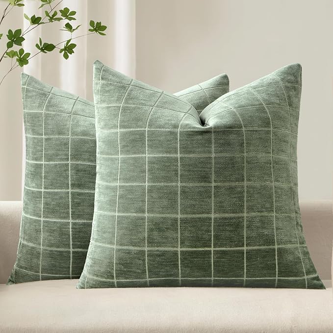 MIULEE Decorative Chenille Check Throw Pillow Covers Vintage Plaid Couch Pillows 18x18 Inch Set of 2 Neutral Boho Farmhouse Cushion Covers Modern Spring Home Decor for Sofa Bed Living Room Sage Green