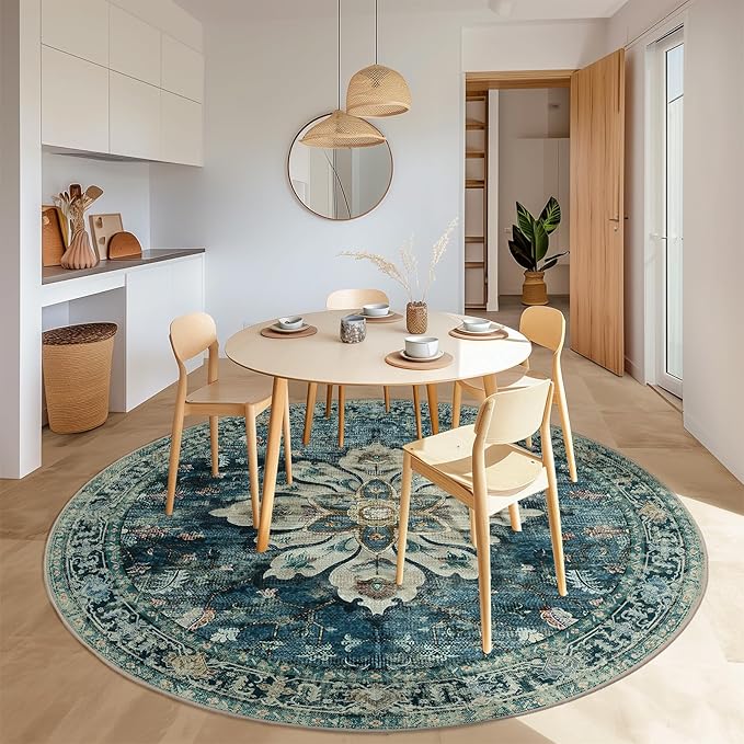 RELEANY Area Rugs 8ft Washable Non-Slip, Floral Vintage Distress Print Pattern Medallion Carpet for Living Room Bedroom Dining Room, Dark Blue Vintage