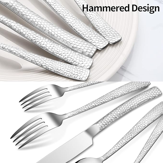 20-Piece Silverware Set, Silver Hammered Stainless Steel Flatware Sets for 4, Food-Grade Tableware Set, Including Fork Knife Spoon Set, Home Kitchen Cutlery Sets, Dishwasher Safe