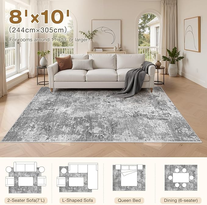 8x10 Area Rugs for Living Room：Washable Rug Abstract Modern Neutral Large Soft Stain Resistant Non-Slip Backing Machine Table for Bedroom Dining Room Indoor Home Office Carpet - Light Grey