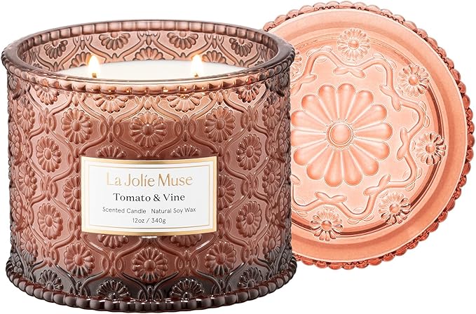 LA JOLIE MUSE Tomato & Vine Candle - Tomato Leaf, Rose, Moss | 12 oz Large 2-Wick Soy Wax Candle | 60 Hours Clean Burn | Fresh Garden Scented Candle | Gift-Ready for Hosts & Gatherings