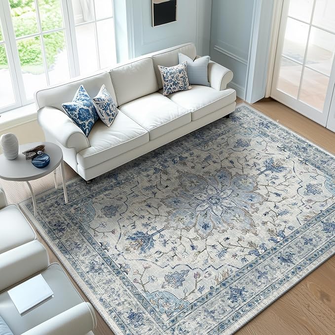 RELEANY Area Rugs 6'x8' Washable Non-Slip, Floral Vintage Distress Print Pattern Medallion Carpet for Living Room Bedroom Dining Room, Light Blue Navy Beige Gray White