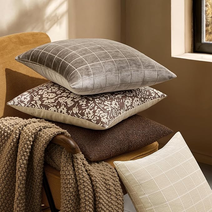 MIULEE Decorative Chenille Check Throw Pillow Covers Vintage Plaid Couch Pillows 16x16 Inch Set of 2 Neutral Boho Farmhouse Cushion Covers Modern Spring Home Decor for Sofa Bed Living Room Taupe Grey