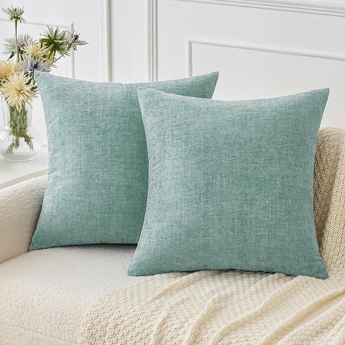 MIULEE Pack of 2 Couch Throw Pillow Covers 18x18 Inch Soft Aqua Green Chenille Pillow Covers for Sofa Living Room Spring Home Decor Couch Solid Dyed Cases