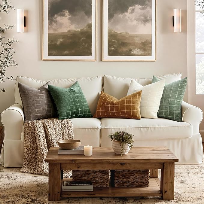 MIULEE Decorative Chenille Check Lumbar Throw Pillow Covers Vintage Plaid Couch Pillows 12x20 Inch Set of 2 Neutral Boho Cushion Covers Modern Spring Home Decor for Sofa Bed Living Room Moss Green