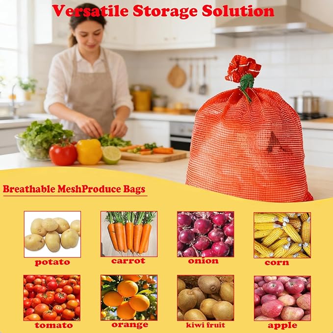 Mesh Onion Bags-10 Pack Reusable Vegetable Storage Bags with Drawstring, Breathable Mesh Produce Bags for Potatoes, Onions, Garlic, Fruits, Fresh for Kitchen Pantry Organization (Pack of 10)