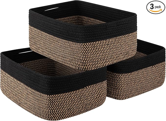 OIASKET Storage Baskets for Organizing 3 Pack, Woven Baskets for Shelves, Closet Organizer Bins Empty Gift Basket Toy Storage for Toys, Books, Towels, Clothes, 15"x11.42"x6.7", Black & Yellow