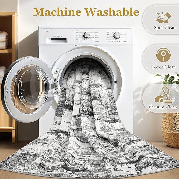 Area Rugs for Living Room: 4x6 Abstract Washable Rug Modern Neutral Large Soft Stain Resistant Non-Slip Backing Machine Table for Bedroom Dining Room Indoor Home Office Carpet - Black Grey