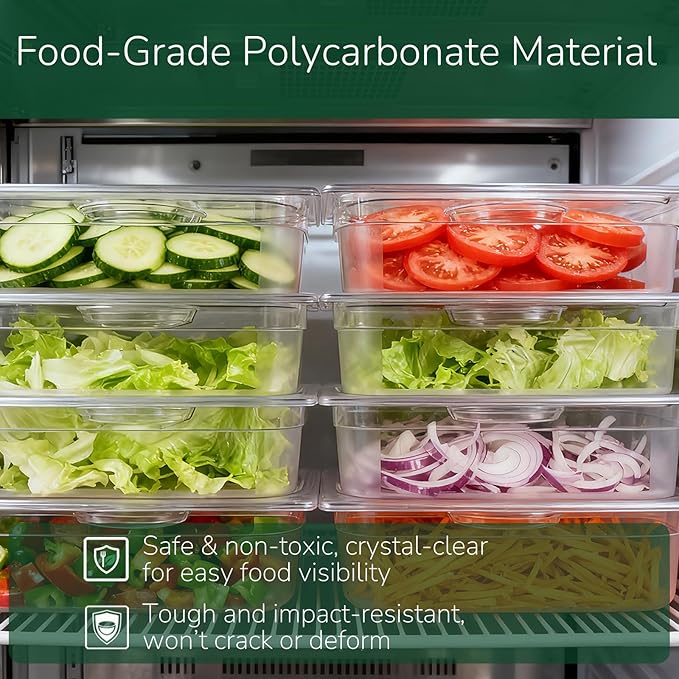 6 Pack food Pans with Lids 1/3 Size, Commercial Food-grade material, Impact-resistant and shockproof, For Salad Bars, Hot Deli Items & Dessert Toppings, Prep Table & Refrigerator Friendly