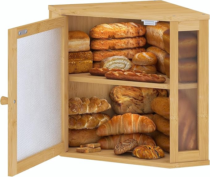 Corner Bread Box for Kitchen Countertop,Bread Storage for Homemade Bread, Double Layer Large Bamboo Kitchen Storage Bin with Window (Natural, Medium)