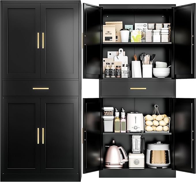 Kitchen Pantry Cabinet,71” Metal Tall Pantry Storage Cabinet with Doors 2 Adjustable Shelves and a Drawer,Kitchen Storage Cabinets Black Freestanding Food Cabinet for Pantries, Kitchen, Dining Room