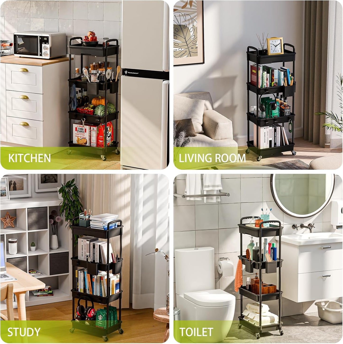 4 Tier Rolling Cart Organizer,Art Craft Diaper Bedside Snack Laundry Room Bathroom Organizer Narrow Thin Slim Rolling Trolley Utility Cart with Wheels for Kitchen,Office(Black)