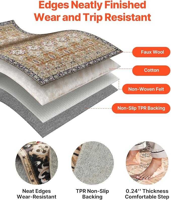 VEVOR 9 x 12 ft Area Rug Large Washable Rug Non-Slip and Tear-Resistant Soft Carpet Pet & Child Friendly Vintage Area Rugs Indoor Mat for Bedroom Living Room Kids Room Office Brown Green