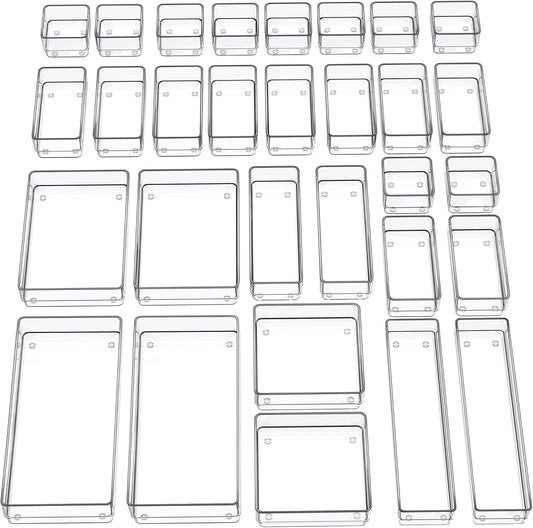 SMARTAKE 30-Piece Drawer Organizer with Non-Slip Silicone Pads, 7-Size Desk Drawer Organizer Trays Storage Tray for Makeup, Jewelries, Utensils in Bedroom Dresser, Office and Kitchen (Clear)