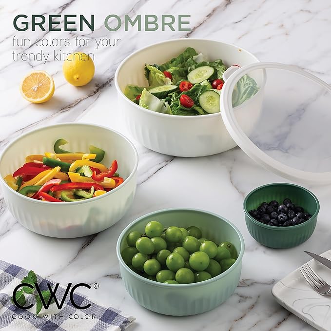 COOK WITH COLOR Prep Bowls with Lids- Wide and Deep Nesting Plastic Small Mixing Bowl Set with Lids, 12 Piece Set - Wide Bowls, Green