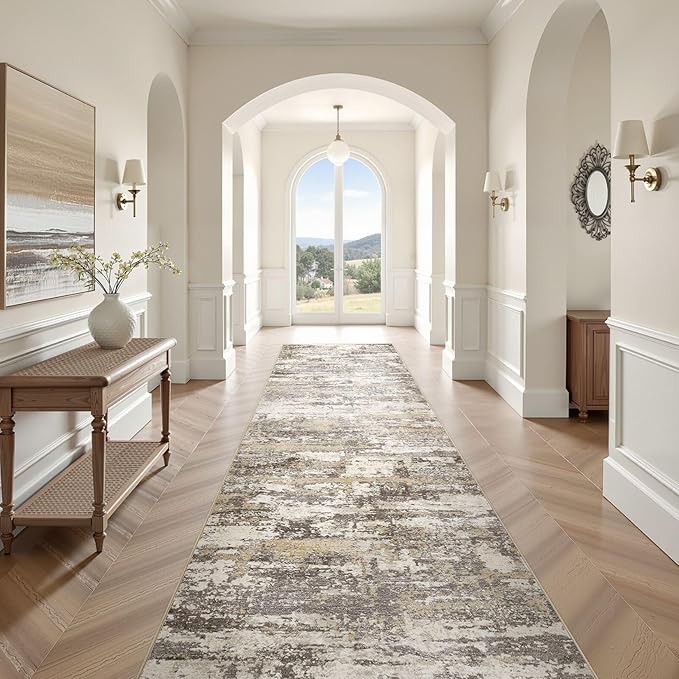 Hallway Washable Runner Rug: 3x10 Abstract Modern Soft Stain Resistant Non-Slip Backing Runner for for Entryway Kitchen Laundry - Gold Brown