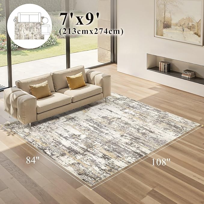 Area Rugs for Living Room: 7x9 Abstract Washable Rug Modern Neutral Large Soft Stain Resistant Non-Slip Backing Machine Table for Bedroom Dining Room Indoor Home Office Carpet - Gold Brown