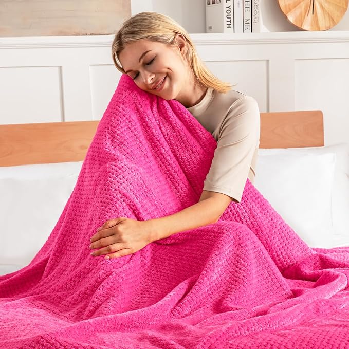 Exclusivo Mezcla Fleece Bed Blanket Queen Size, Super Soft and Warm Blankets for Couch, Sofa and Bed Waffle Textured, Cozy, Fuzzy and Lightweight (Hot Pink, 90x90 Inches)