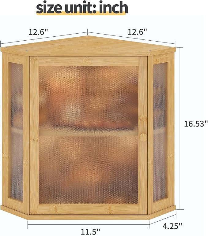 Corner Bread Box for Kitchen Countertop,Bread Storage for Homemade Bread, Double Layer Large Bamboo Kitchen Storage Bin with Window (Natural, Large)