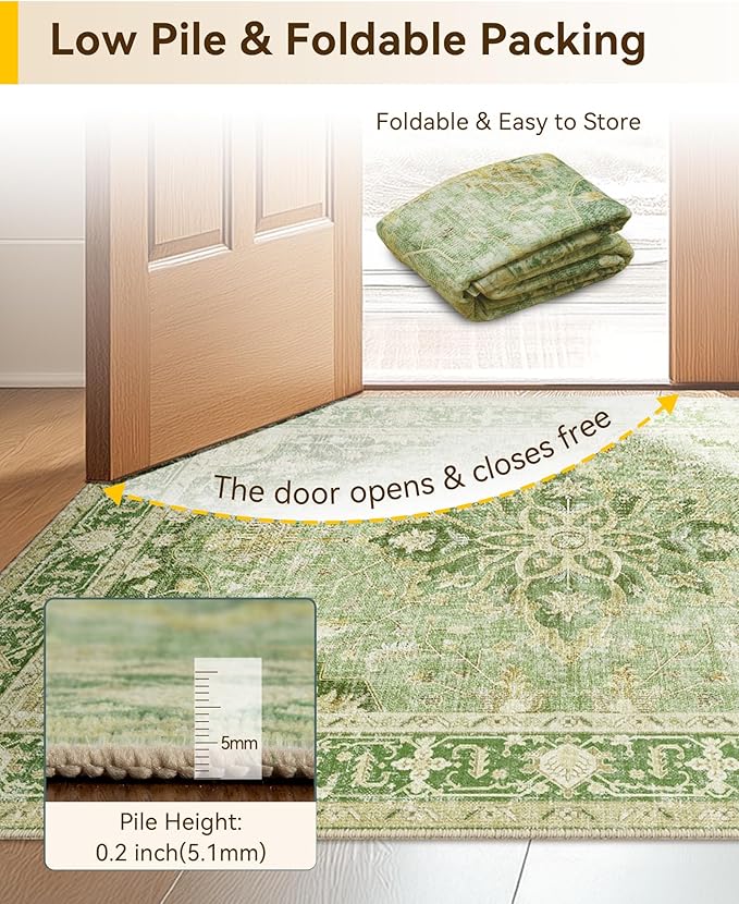 RELEANY Area Rugs 2'x8' Runner Rug Non Slip Washable for Kitchen Hallway Bedroom Beside Laundry Room Bathroom Rug, Floor Carpet, Sage Green Yellow