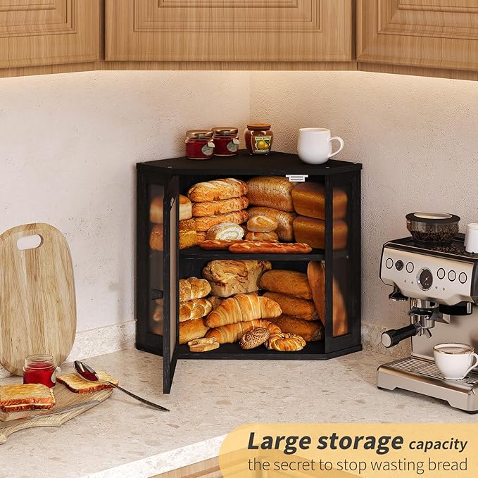 Corner Bread Box for Kitchen Countertop,Bread Storage for Homemade Bread, Double Layer Large Bamboo Kitchen Storage Bin with Window (Black, Medium)