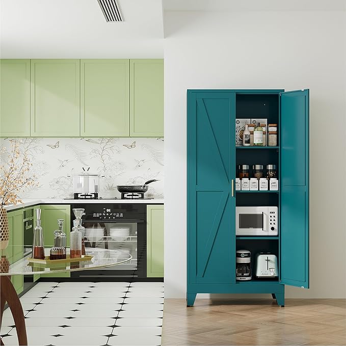 61" Tall Compact Storage Cabinet, Space-Saving 27.5" Wide Pantry in Blue with 2 Doors & 3 Shelves,Freestanding for Small Kitchen, Apartment, Narrow Hallway