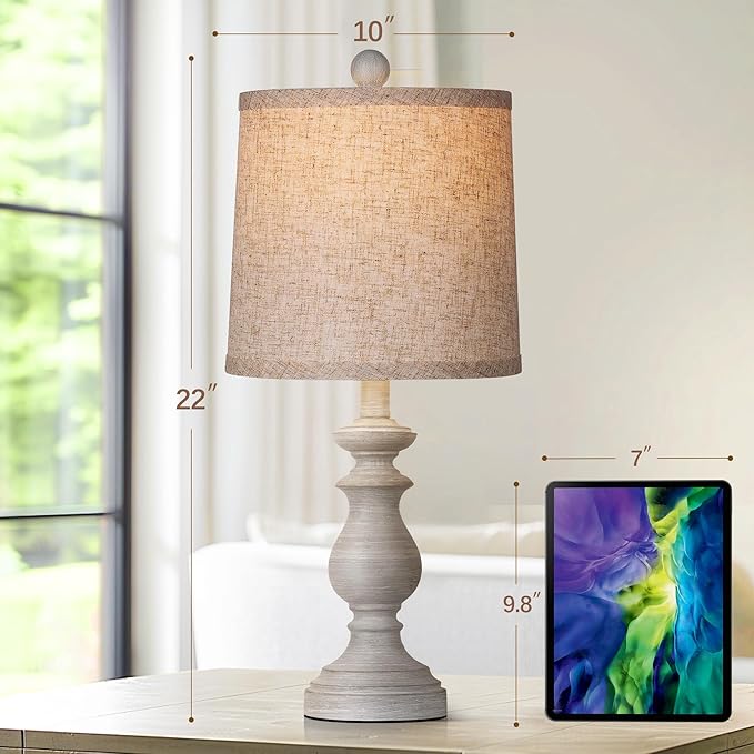 PARTPHONER Traditional Table Lamp Set of 2, Rustic Farmhouse Table Lamps for Living Room Bedroom, 22" Bedside Desk Lamps Vintage Nightstand Lamps with Linen Shades, Antique Grey