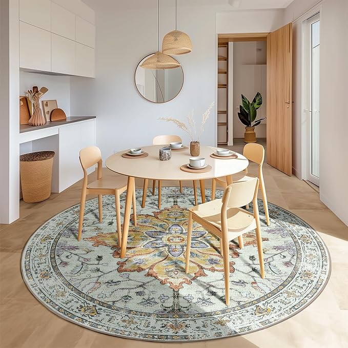 RELEANY Area Rugs 8ft Washable Non-Slip, Floral Vintage Distress Print Pattern Medallion Carpet for Living Room Bedroom Dining Room, Light Yellow Carbon Grey Orange