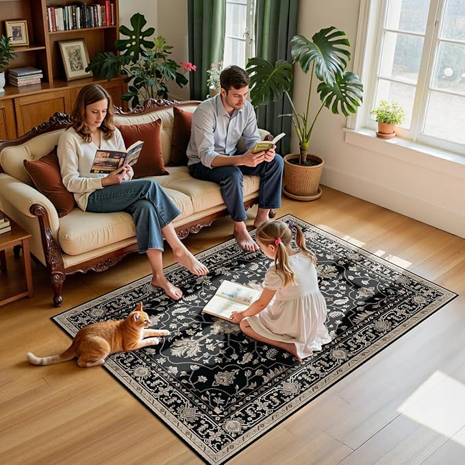 RELEANY Area Rugs 4'x6' Washable Non-Slip, Floral Vintage Distress Print Pattern Medallion Carpet for Living Room Bedroom Dining Room, Black Brown Neutral Dark Tan