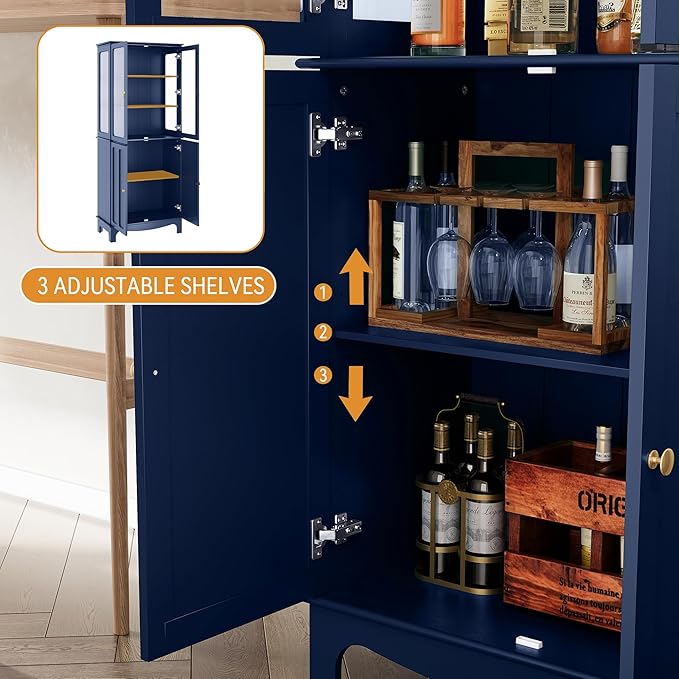 72" Tall Kitchen Pantry Cabinet with Glass Door and Adjustable Shelves, Vintage Food Storage Cabinet for Kitchen, Dining Room, Living Room, Dark Blue