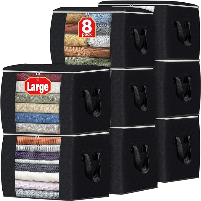 Fab totes 24 Gallons Clothes Storage, Foldable Thick Fabric Blanket Storage Bags, Containers for Organizing Bedroom, Closet, Clothing, Comforter, Organization with Handle (8 Pack,Black)