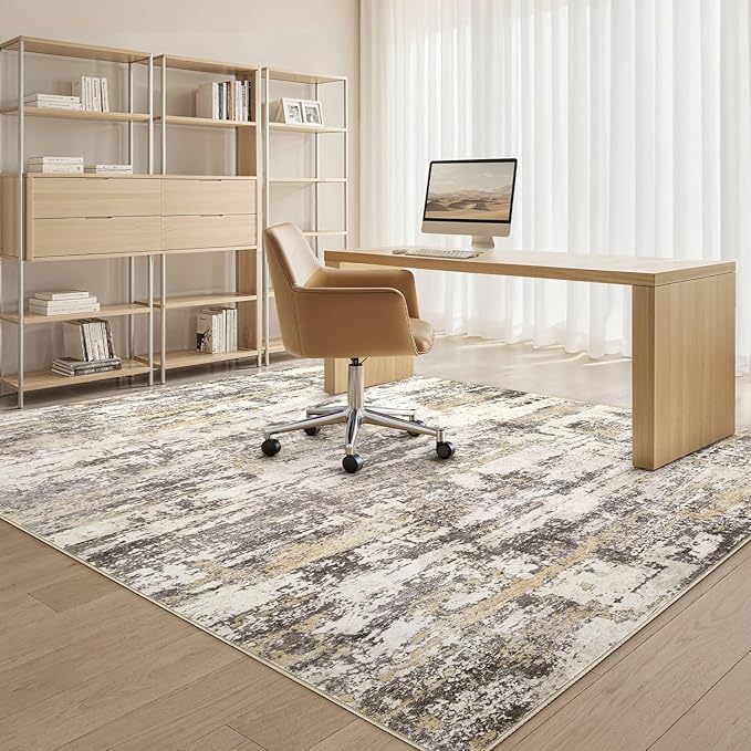 Area Rugs for Living Room: 4x6 Abstract Washable Rug Modern Neutral Large Soft Stain Resistant Non-Slip Backing Machine Table for Bedroom Dining Room Indoor Home Office Carpet - Gold Brown