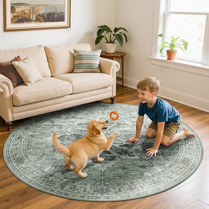 RELEANY Area Rugs 6ft Washable Non-Slip, Floral Vintage Distress Print Pattern Medallion Carpet for Living Room Bedroom Dining Room, Dark Green Gray