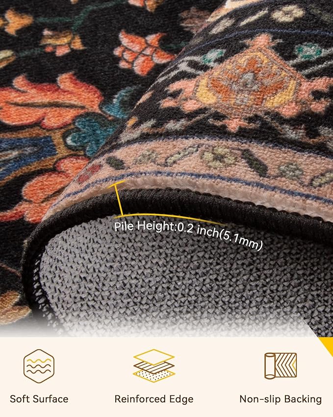 RELEANY Area Rugs 2'x7' Runner Rug Non Slip Washable for Kitchen Hallway Bedroom Beside Laundry Room Bathroom Rug, Floor Carpet, Black Colorful Floral Dark Tan