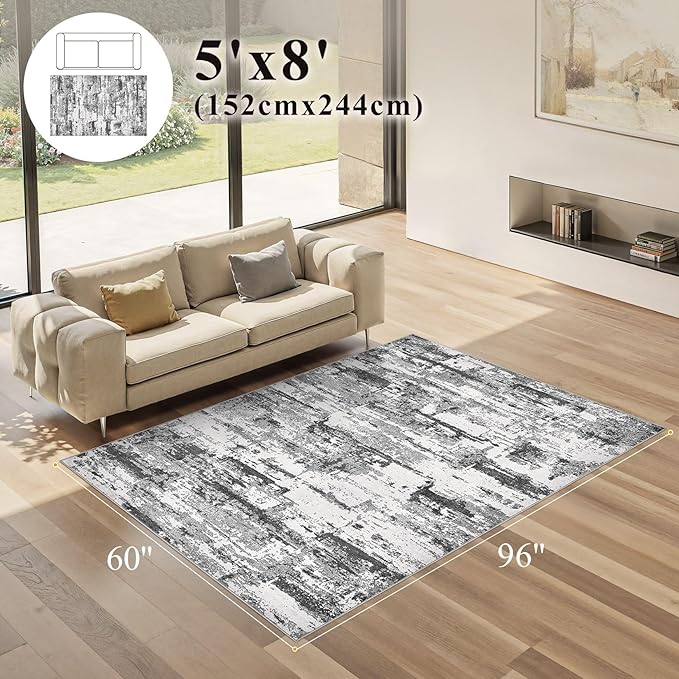 Area Rugs for Living Room: 5x8 Abstract Washable Rug Modern Neutral Large Soft Stain Resistant Non-Slip Backing Machine Table for Bedroom Dining Room Indoor Home Office Carpet - Black Grey