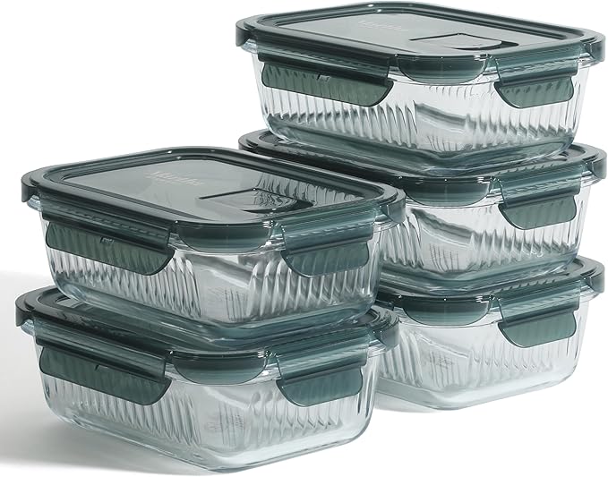 Martha Stewart Shadowbrook 5-Piece Borosilicate Glass Storage Container Set – Airtight Locking Lids, 21.6 oz Meal Prep, Leftover & Lunch Containers, Microwave, Oven & Dishwasher Safe