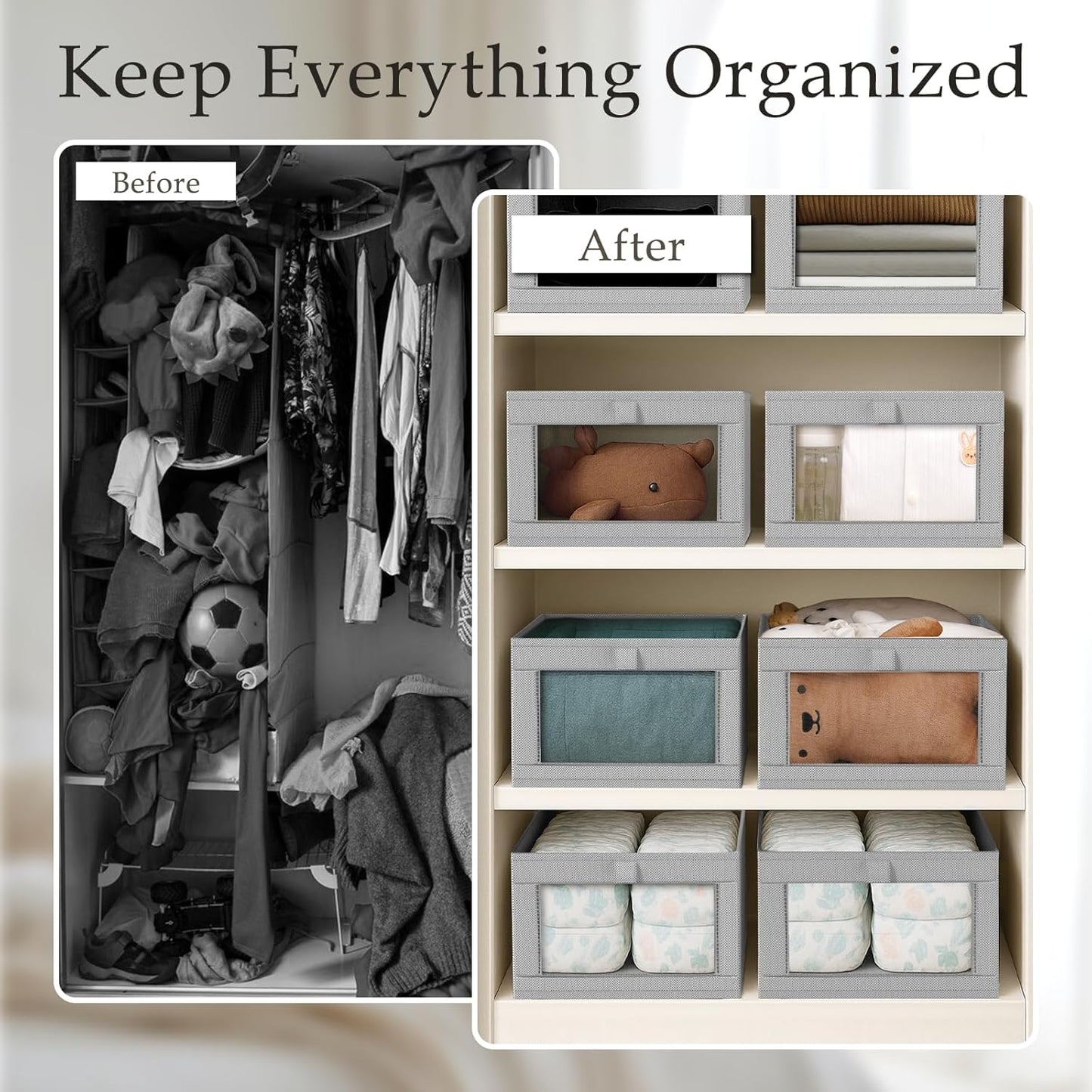 Criusia 6 Pack Linen Closet Organizers and Storage, Large Linen Closet Baskets for Organization, Foldable Storage Containers for Toys, Clothing, Towels, Jeans, Books, Shelves, Grey