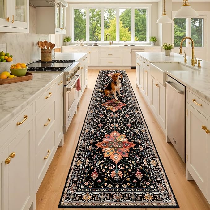 RELEANY Area Rugs 2'6''x10' Runner Rug Non Slip Washable for Kitchen Hallway Bedroom Beside Laundry Room Bathroom Rug, Floor Carpet, Black Colorful Floral Dark Tan