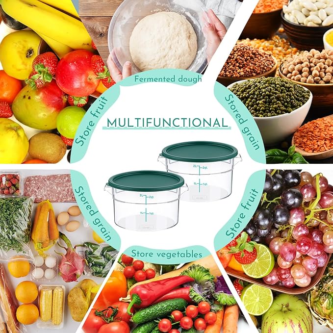 2 Pcs Dough Proofing Bucket with Lid, Round Food Storage Container 2 Qt Dough Bucket Clear Translucent Containers with Green Scale(Green)