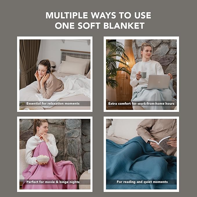 Goqan Throw Blanket 55x60 – 100% Turkish Cotton 4 Layer Boho Muslin Blanket for Adults, Four Season Blanket Lightweight and Thin, Soft, Breathable for Bed, Couch - Dark Grey