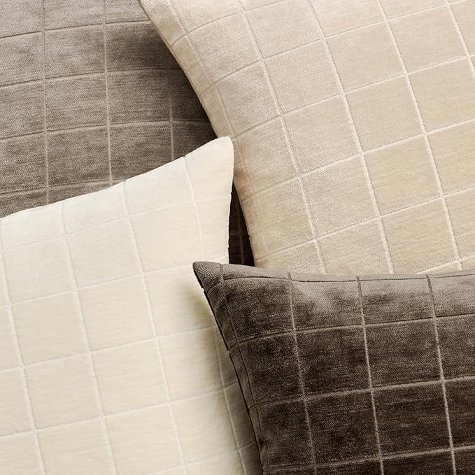 MIULEE Decorative Chenille Check Euro Shams Throw Pillow Covers Vintage Plaid Couch Pillows 24x24 Inch Set of 2 Neutral Boho Farmhouse Cushion Covers Modern Home Decor for Sofa Bed Living Room Brown