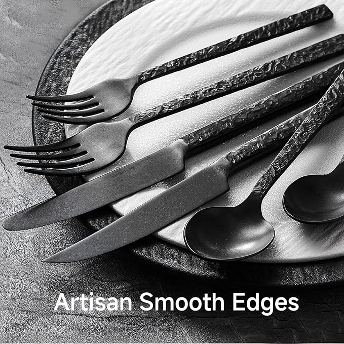 KINGSTONE 24 Pcs Black Hammered Silverware Set with Steak Knives for 4, 18/10 Stainless Steel Heavy Duty Flatware Set, Tableware Cutlery Utensil Sets for Home Restaurant Dishwasher Safe