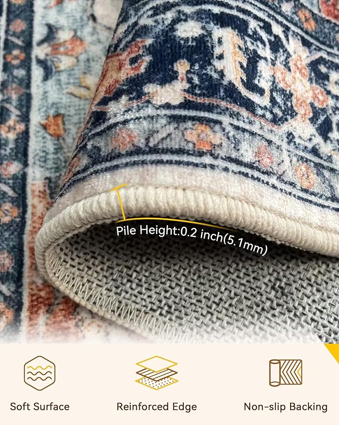 RELEANY 8ft Round Rug, Area Rugs 8ft, Washable Rug, Non-Slip, Rugs for Living Room for Bedroom, Circle , Vintage Rugs Boho Floral Medallion, Low Pile, Soft, Beige Dark Blue Navy Red