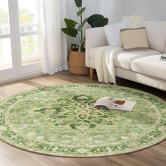 RELEANY Area Rugs 6ft Washable Non-Slip, Floral Vintage Distress Print Pattern Medallion Carpet for Living Room Bedroom Dining Room, Sage Green Yellow