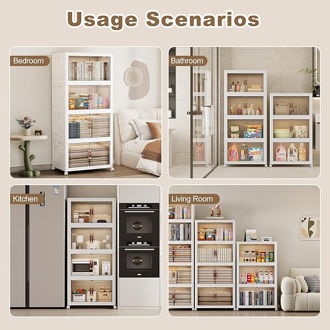 SAILUN 275QT/69Gal Stackable Storage Bins with Lid, Collapsible Storage Bins With Doors and Wheels, Folding Plastic Cabinet Containers for Home Kitchen Closet Organization, 5 Pack