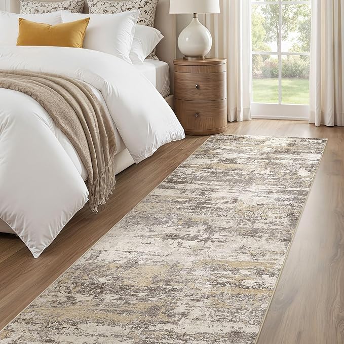 Hallway Washable Runner Rug: 3x14 Abstract Modern Soft Stain Resistant Non-Slip Backing Runner for for Entryway Kitchen Laundry - Gold Brown