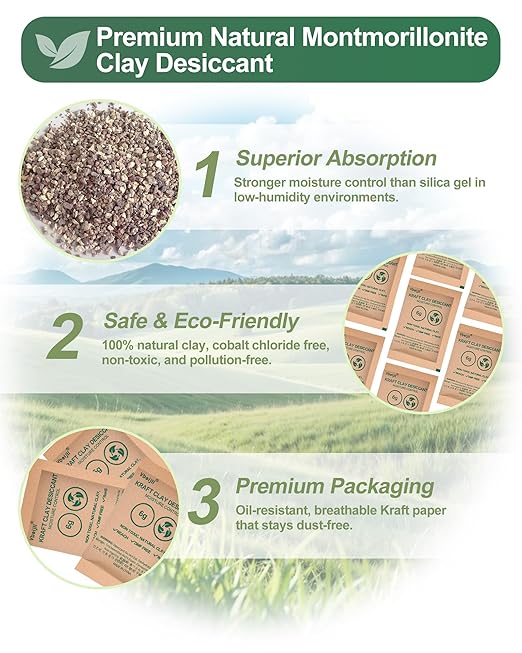 50 Gram (40 Pack) Kraft Clay Desiccants Packs, Premium Food Grade Desiccant - Rechargeable Moisture Absorbers for Food Storage, Electronics, 3D Filament & Safes