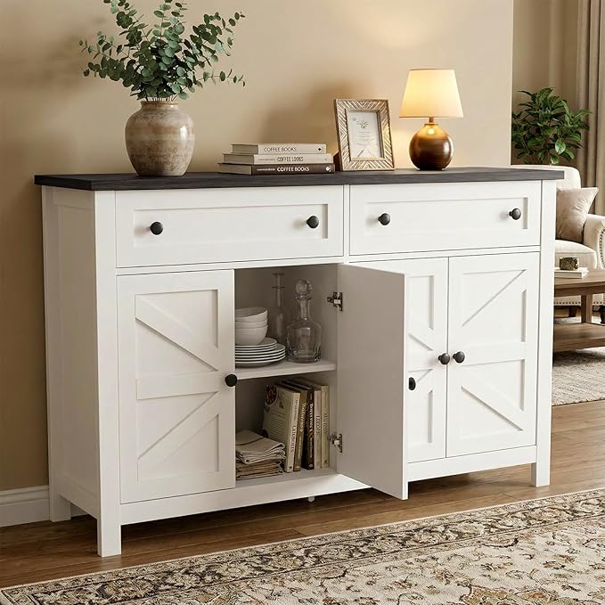 Farmhouse Kitchen Cabinet with Drawers, Rustic Sideboard Buffet Cabinet with Shelves and 4 Doors, Coffee Bar Cabinet, Storage Cabinet for Entryway Living Room Kitchen,White