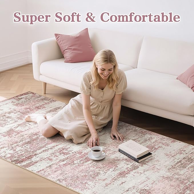 Area Rugs for Living Room: 3x14 Abstract Washable Rug Modern Neutral Large Soft Stain Resistant Non-Slip Backing Machine Table for Bedroom Dining Room Indoor Home Office Carpet - Pink