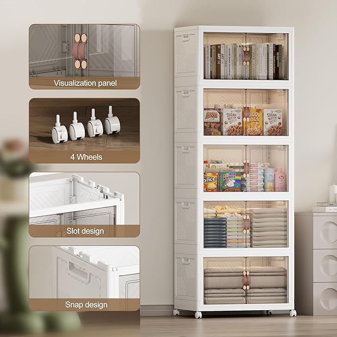 SAILUN 275QT/69Gal Stackable Storage Bins with Lid, Collapsible Storage Bins With Doors and Wheels, Folding Plastic Cabinet Containers for Home Kitchen Closet Organization, 5 Pack